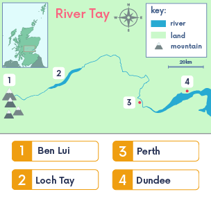 Map of River Tay with key features labelled: Ben Lui, Loch Tay, Perth and Dundee