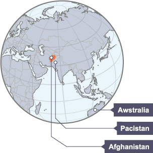 Glôb yn dangos lleoliad Afghanistan, Pacistan ac Awstralia