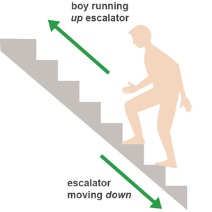 The rate of the boy's forward reaction (walking up an escalator) is equal to the rate of the reverse reaction (the escalator moving down).