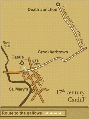 A map showing the route a prisoner at Cardiff Castle goal would take to the gallows at Death Junction.