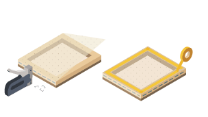 The first step in screen printing - mesh is stapled to a frame to make a screen and masking tape is stuck to the underside of the screen.