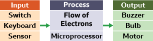 Computer control system - Input: Switch Keyboard Sensor; Process: Flow of electrons Microprocessor; Output: Buzzer Bulb Motor