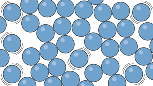 An infographic showing particles in a liquid, which are arranged randomly with some space to move around 