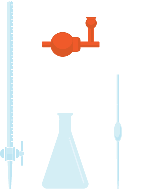 Titration apparatus: a burette, conical flask, pipette and safety pipette filler.