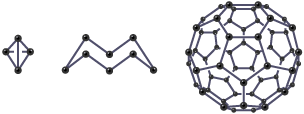 Ball and stick models of phosphorous, sulfur and fullerene