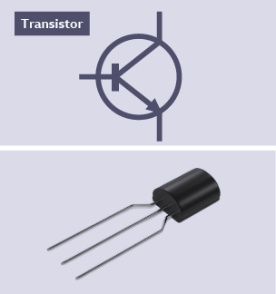 The standard electrical symbol for a transistor alongside a photograph of a transistor.