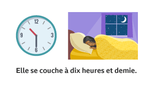 A clock showing half past 10. A person asleep in bed and a window with the night sky. Elle se couche à dix heures et demie