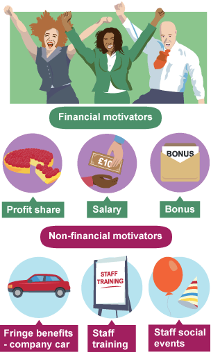 Financial motivators - profti share, salary, bonus. Non-financial motivators - Fringe benefits, staff training, social events