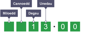 Diagram yn egluro rhannu â 100