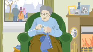 An elderly woman knitting by a fireplace adorned with framed photographs. There is a window behind her where a family of four can be seen walking into the distance.