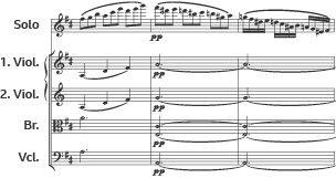 The virtuosic violin solo score excerpt with held orchestral accompaniment