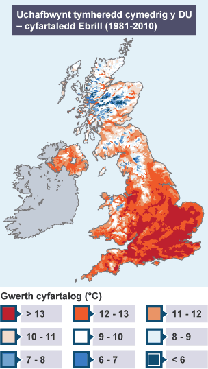 Gogledd-orllewin yr Alban yw rhanbarth oeraf y DU â thymereddau 7 gradd yn oerach na de-ddwyrain Lloegr.