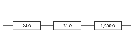 Three resistors in series (one after the other in a line) labelled from left to right 24 Ohms (Ω), 31 Ohms (Ω) and 1,500 Ohms (Ω) for calculating resistance.