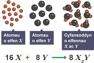 Diagram yn dangos 16 atom o elfen X (16 X) yn adweithio ag 8 atom o elfen Y (8 Y) i ffurfio 8 cyfansoddyn o elfennau X ac Y (8 X2Y).