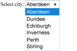 A drop down menu of cities with the top option, Aberdeen, highlighted.