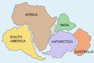 Map supporting Wegener's theory, showing all the continents of the world merged together.