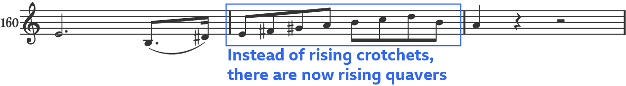 Musical notation rising quavers instead of rising crotchets from bar 160.