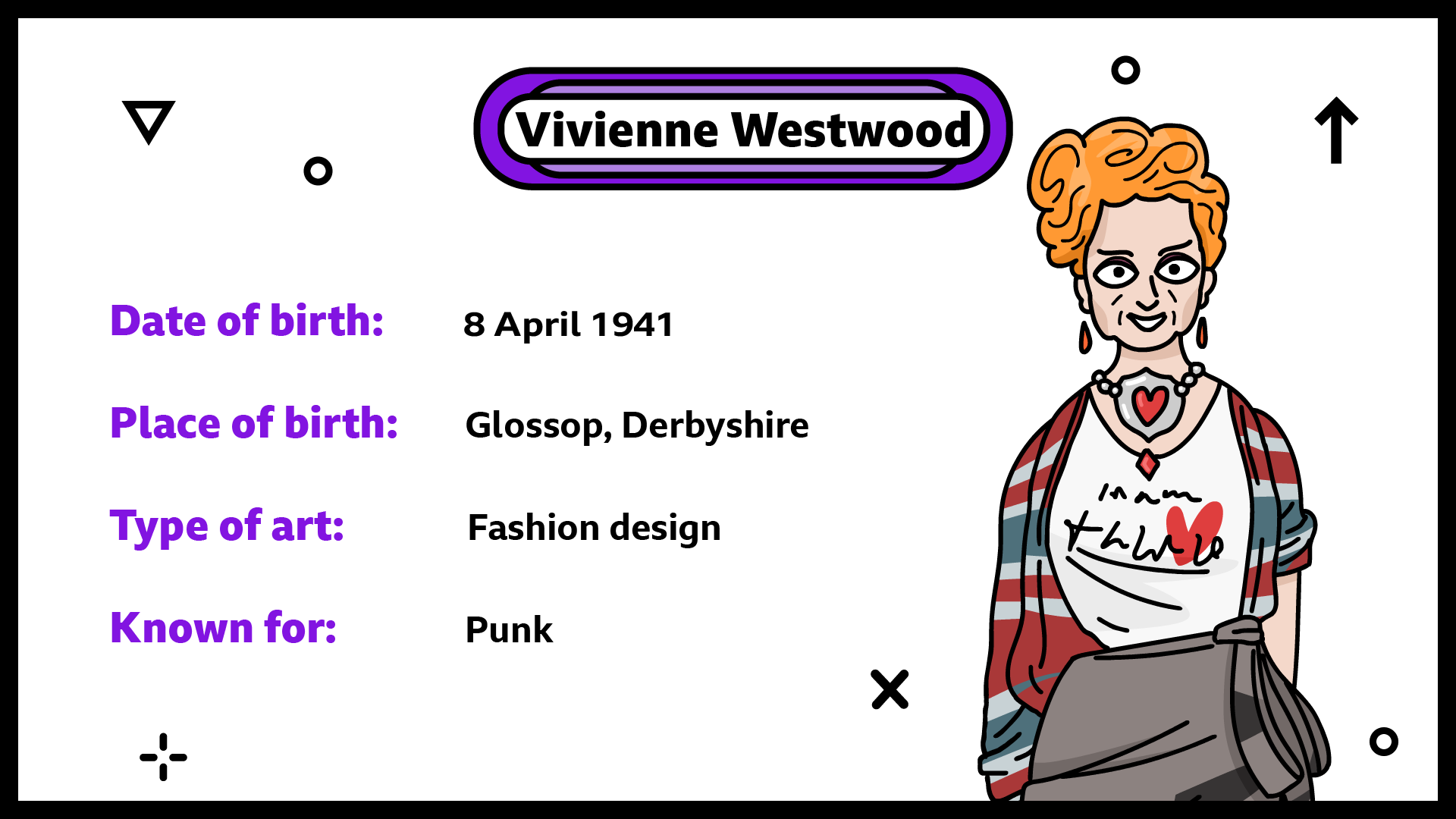 Date of birth 8 April 1941. Place of birth Glossop, Derbyshire. Type of art fashion design. Known for punk.