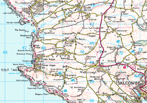 OS extract showing cliff symbols on a coastline