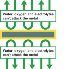 A strip of iron with a layer of paint around it. This means water, oxygen and electolytes can't attack the metal.