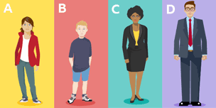 Four characters - Girl wears red jacket, boy wears baggy t-shirt, woman wears black skirt, man wears blue shirt