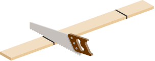 Diagram of a saw and three pieces of wood