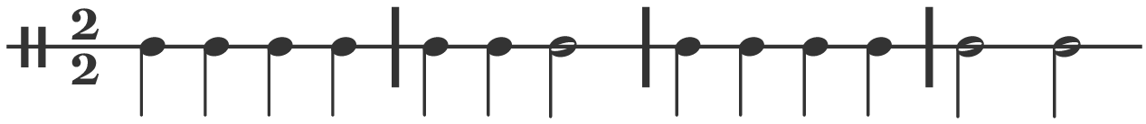 An image showing four bars of rhythm in a 2/2 timing.  Six crotchets followed by a minim, then four crotchets ending in two minims.