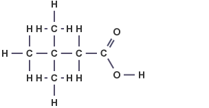 3,3-dimethylbutanoic acid has structural formula of carbon atom bonded to three methyl groups, joined to carbon with two hydrogens, joined to carbon with hydroxyl group double-bonded to oxygen atom.