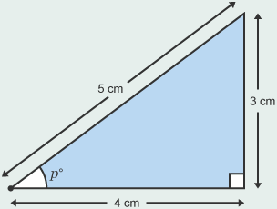 Right-angled triangle with angle p and sides 3cm, 4cm and 5cm