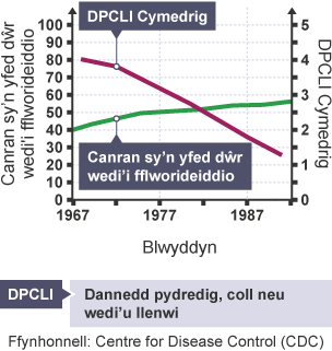 Graff yn dangos effeithiau fflworid ar iechyd y geg. Mae’r canran sy’n yfed dŵr wedi'i fflworideiddio wedi cynyddu ers 1967, ac mae cymedr y dannedd pydredig, coll neu wedi'u llenwi wedi gostwng.