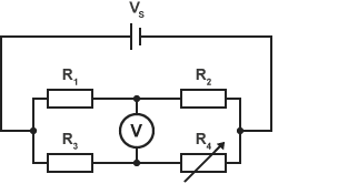 Wheatstone bridge. R4 is variable. R1 & R2 are in series, as are R3 & R4. R1 & R2 are in parallel to R3 & R4. 1 terminal of voltmeter is connected between R1 & R2. Other is connected between R3 & R4.