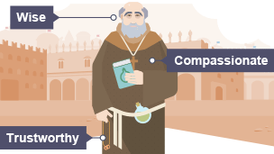 Friar Lawrence, who is wearing brown robes and a cross, holds a book about potions against the backdrop of Verona. Labels describe him as wise, trustworthy and compassionate.