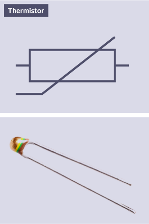 Showing the standard electrical symbol for a thermistor sensor alongside a photograph of the component.