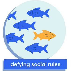 one yellow fish swimming in the opposite direction to the shoal, depicting defying social rules