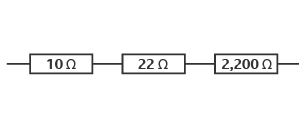 Three resistors in series (one after the other in a line) labelled from left to right 10 Ohms (Ω), 22 Ohms (Ω) and 2,200 Ohms (Ω) for calculating resistance.