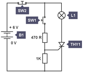 A schematic of a simple circuit diagram showing how different components, including a battery, two switches, a lamp and a thyristor, are connected together.