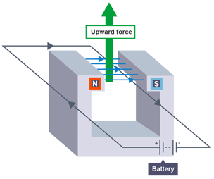 A U-shaped magnet with a current-carrying wire and an upward force.
