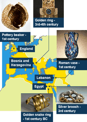 England - pottery beaker - 1st century. Bosnia and Herzegovina - golden ring - 3rd-4th century. Egypt - golden snake ring - 1st century BC and silver brooch - 3rd century. Lebanon - Roman vase - 1st century.