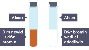 Does dim newid yn y tiwb alcan, ond mae'r dŵr bromin yn y tiwb alcen wedi dadliwio.