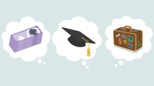 Icons: wad of cash, mortar board hat, suitcase