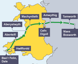 Map yn dangos taith Harri Tudur drwy Gymru gan stopio yn Bae’r Felin yn Dale, Hwlffordd, Aberteifi, Aberystwyth, Machynlleth, Cefn Didoll, Amwythig, Tamworth a Maes Bosworth 