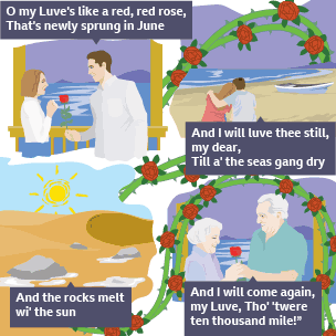 Four panels: a man gives a red rose to a woman; the couple sits on a beach; a sunny landscape with rocks and water; and an older couple holding hands surrounded by roses.