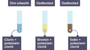 Tiwb cyntaf – Dim adwaith: mae'n cynnwys clorin, potasiwm clorid. Ail diwb – Dadleoliad: mae'n cynnwys bromin, potasiwm clorid. Trydydd tiwb – Dadleoliad: mae'n cynnwys ïodin, potasiwm clorid.