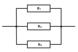 Three resistors in parallel (one beneath the other joined in a circuit) labelled from top to bottom R1, R2 and R3.