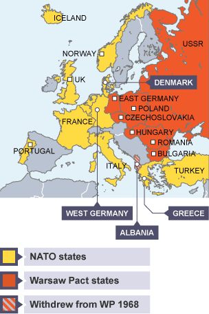 Map of Europe showing the countries in the Warsaw Pact and in Nato