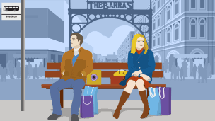 A couple sit waiting for a bus after shopping at the Barras Market