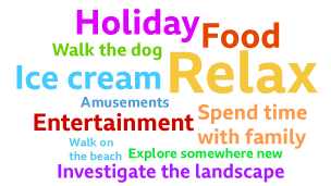 A word cloud with survey results showing the reason for visiting a seaside resort.