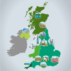 A map of the UK showing different tourist destinations - from Loch Ness in Scotland to Cornwall's sandy beaches in England.