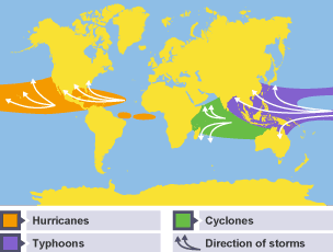 A map of the world, with coloured areas showing where different storms form