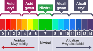 Diagram o'r raddfa pH - rydyn ni'n defnyddio hon i fesur asidedd ac alcalinedd hydoddiannau.